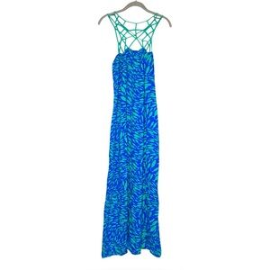 Vintage Fish Print Maxi Dress Strappy Cutouts Size Large Blue Green Tropical